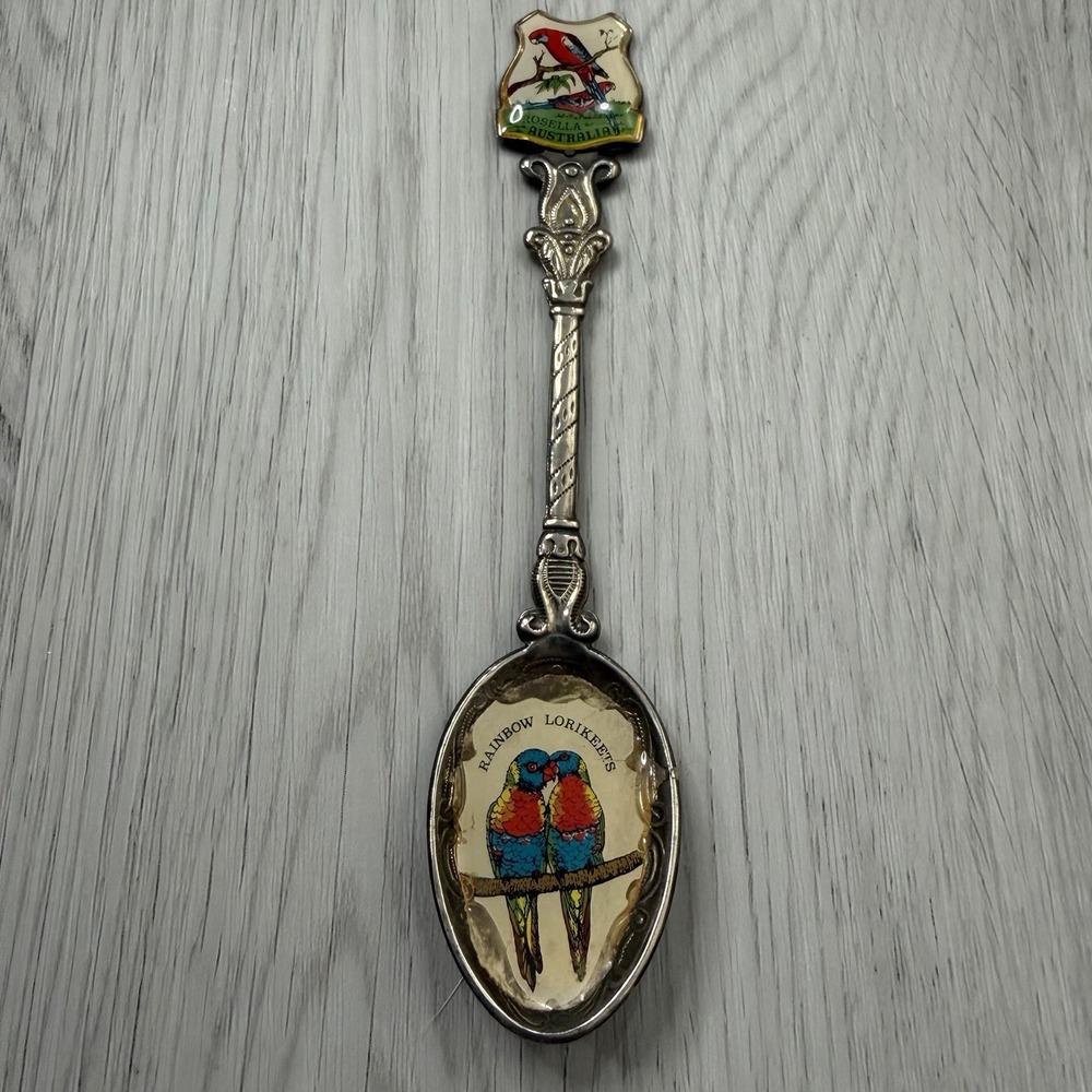 Australia Rosella Rainbow Lorikeet Souvenir Spoon Enamel Bird Silver Plate